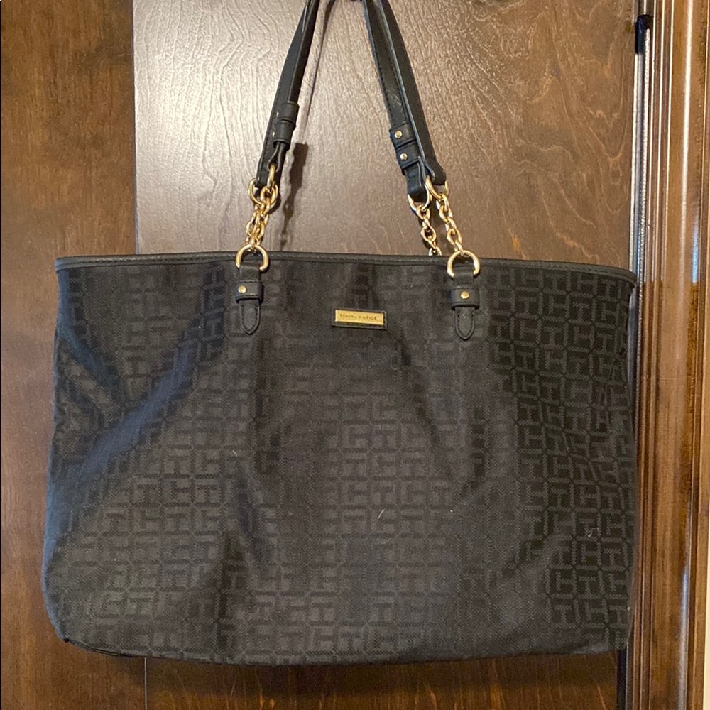 Tommy Hilfiger Black and Gold Tote Bag with Embossed Design